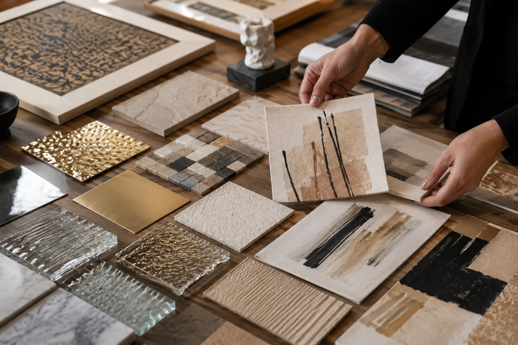 create an image of interior designer picking materials